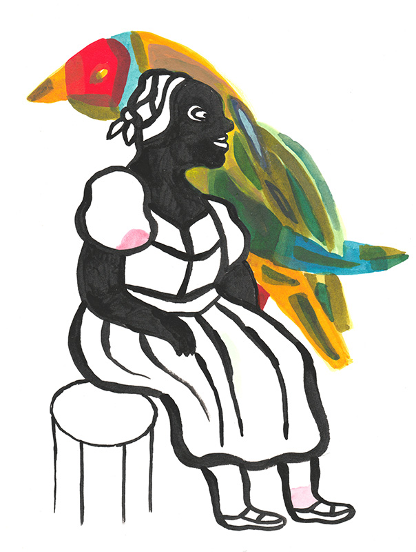 Illustration une fmme africaine et son aimal-totem, un oiseau multicolorer