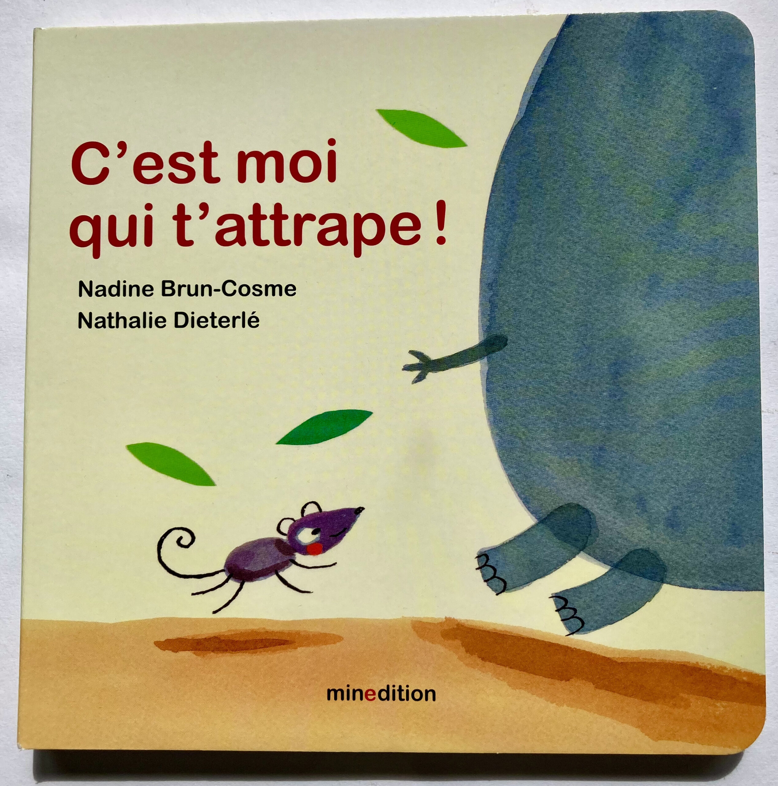 "C'est moi qui t'attrape!" Album pour tout petit cartonné . Plein d'animaux se courent après . Qui attrapera qui? Minedition illustré par Nathalie Dieterlé et écrit par Nadine Brun-cosme