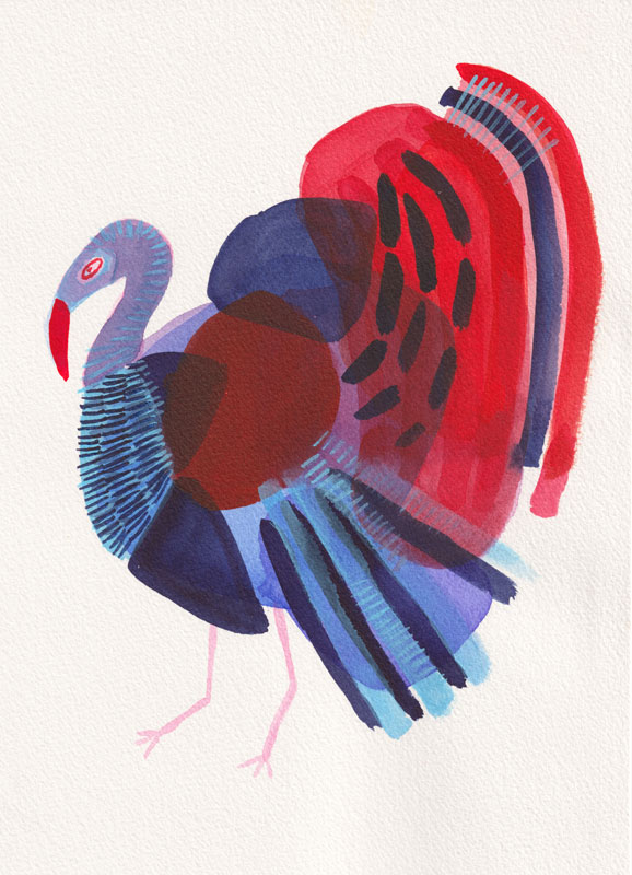 Dindons à l'encre et en couleur se retrouvant dans une expositions d'animaux-totems crées par Nathalie Dieterlé